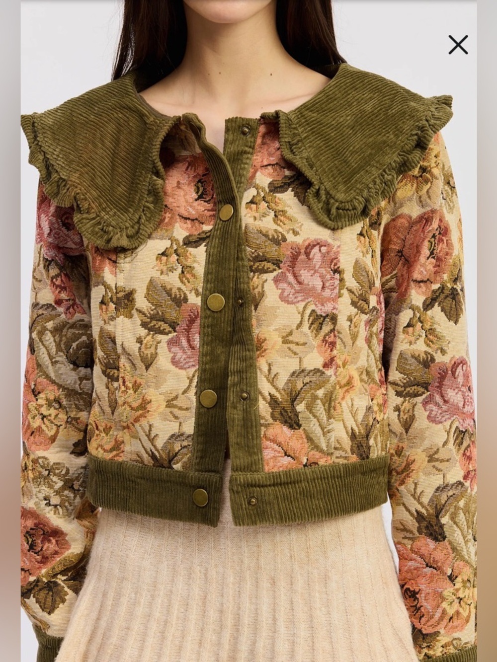 Olive Floral Tapestry Jacket with Ruffled Collar